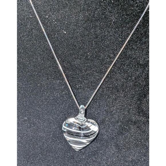 Murano Style Art Glass Necklace Heart Striped Pendant Sterling Silver Chain - Picture 4 of 8